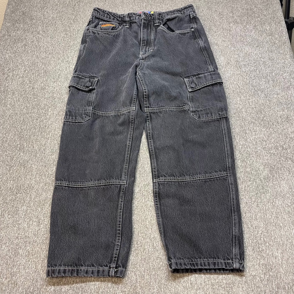 Empyre Loose Fit Cargo Jeans Mens 30 Washed Black Contrast Stitch Skate Baggy